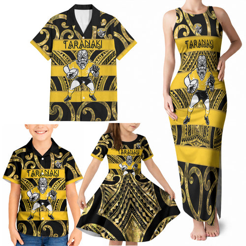 Taranaki Custom Rugby New Zealand Family Matching Tank Maxi Dress and Hawaiian Shirt Aotearoa Maori Pukana Tiki Mascot