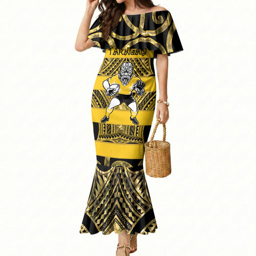 Taranaki Custom Rugby New Zealand Mermaid Dress Aotearoa Maori Pukana Tiki Mascot