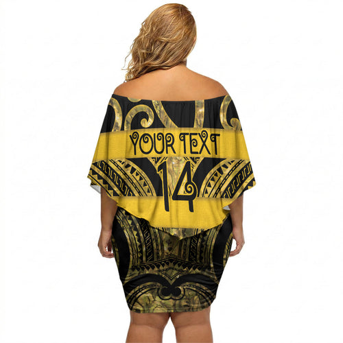 Taranaki Custom Rugby New Zealand Off Shoulder Short Dress Aotearoa Maori Pukana Tiki Mascot