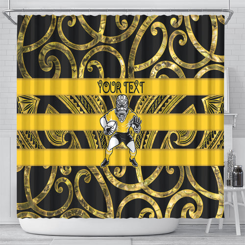 Taranaki Custom Rugby New Zealand Shower Curtain Aotearoa Maori Pukana Tiki Mascot