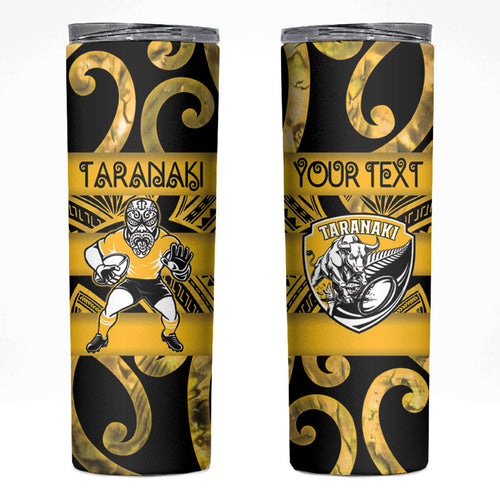 Taranaki Custom Rugby New Zealand Skinny Tumbler Aotearoa Maori Pukana Tiki Mascot