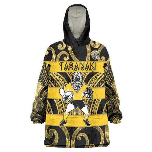 Taranaki Custom Rugby New Zealand Wearable Blanket Hoodie Aotearoa Maori Pukana Tiki Mascot