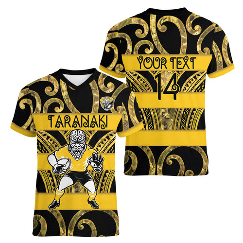 Taranaki Custom Rugby New Zealand Women V-Neck T-Shirt Aotearoa Maori Pukana Tiki Mascot