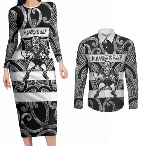 Hawke's Bay Custom Rugby New Zealand Couples Matching Long Sleeve Bodycon Dress and Long Sleeve Button Shirt Aotearoa Maori Pukana Tiki Mascot