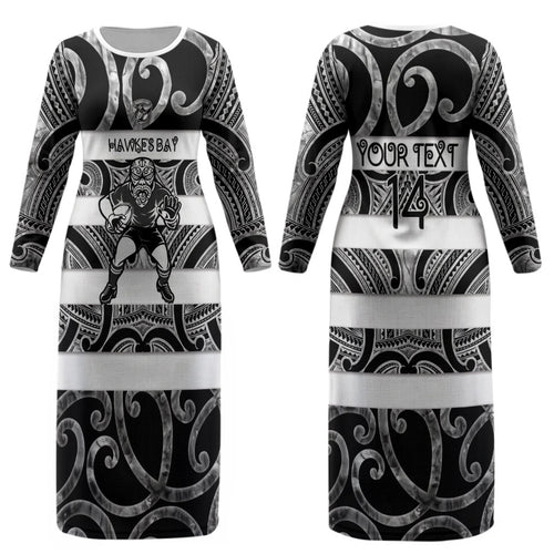 Hawke's Bay Custom Rugby New Zealand Couples Matching Long Sleeve Bodycon Dress and Long Sleeve Button Shirt Aotearoa Maori Pukana Tiki Mascot