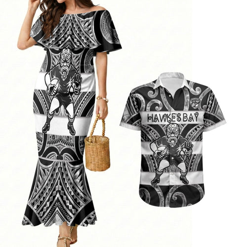 Hawke's Bay Custom Rugby New Zealand Couples Matching Mermaid Dress and Hawaiian Shirt Aotearoa Maori Pukana Tiki Mascot