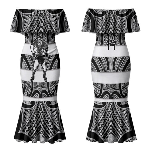 Hawke's Bay Custom Rugby New Zealand Couples Matching Mermaid Dress and Long Sleeve Button Shirt Aotearoa Maori Pukana Tiki Mascot