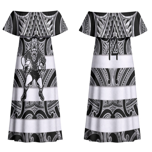 Hawke's Bay Custom Rugby New Zealand Couples Matching Off Shoulder Maxi Dress and Long Sleeve Button Shirt Aotearoa Maori Pukana Tiki Mascot