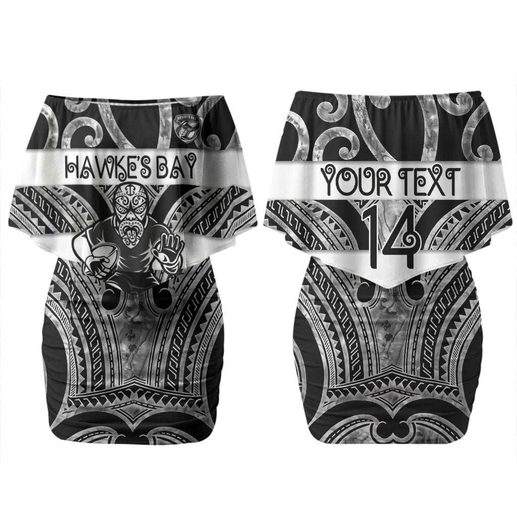 Hawke's Bay Custom Rugby New Zealand Couples Matching Off Shoulder Short Dress and Hawaiian Shirt Aotearoa Maori Pukana Tiki Mascot