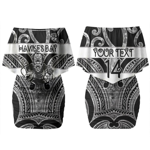 Hawke's Bay Custom Rugby New Zealand Couples Matching Off Shoulder Short Dress and Hawaiian Shirt Aotearoa Maori Pukana Tiki Mascot