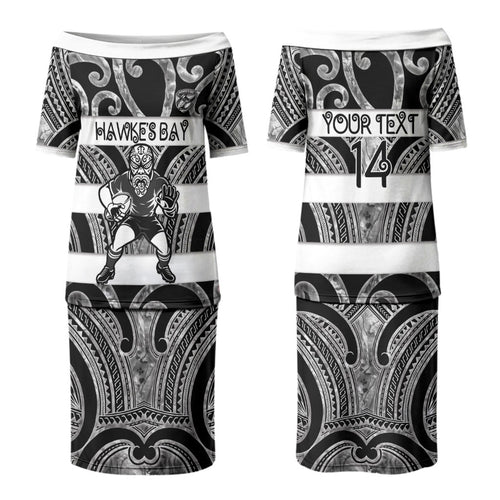 Hawke's Bay Custom Rugby New Zealand Couples Matching Puletasi and Long Sleeve Button Shirt Aotearoa Maori Pukana Tiki Mascot