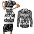 Hawke's Bay Custom Rugby New Zealand Couples Matching Short Sleeve Bodycon Dress and Long Sleeve Button Shirt Aotearoa Maori Pukana Tiki Mascot