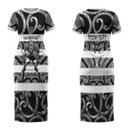 Hawke's Bay Custom Rugby New Zealand Couples Matching Short Sleeve Bodycon Dress and Long Sleeve Button Shirt Aotearoa Maori Pukana Tiki Mascot