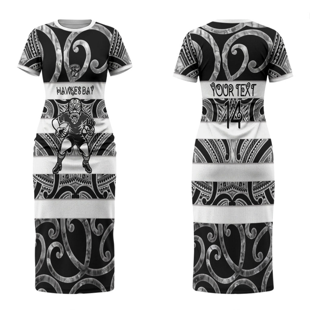 Hawke's Bay Custom Rugby New Zealand Couples Matching Short Sleeve Bodycon Dress and Long Sleeve Button Shirt Aotearoa Maori Pukana Tiki Mascot