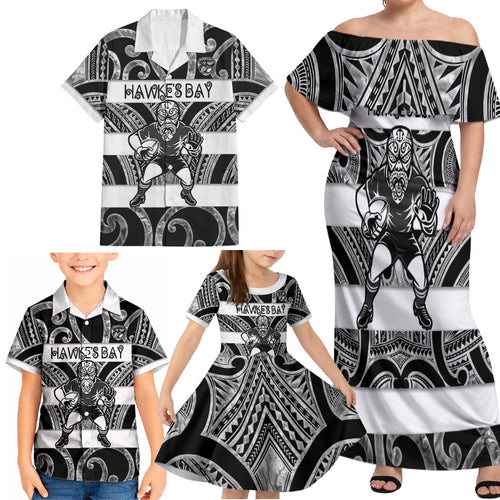 Hawke's Bay Custom Rugby New Zealand Family Matching Off Shoulder Maxi Dress and Hawaiian Shirt Aotearoa Maori Pukana Tiki Mascot