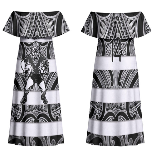 Hawke's Bay Custom Rugby New Zealand Family Matching Off Shoulder Maxi Dress and Hawaiian Shirt Aotearoa Maori Pukana Tiki Mascot