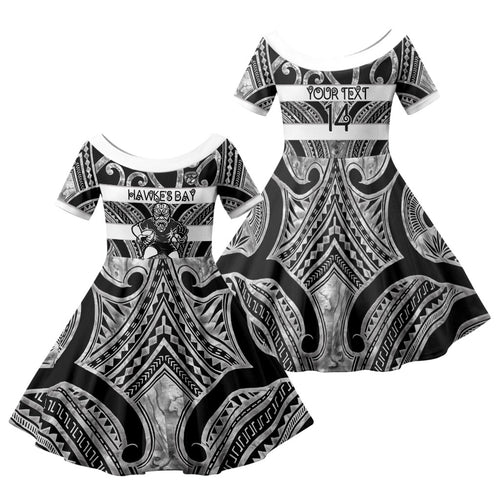Hawke's Bay Custom Rugby New Zealand Family Matching Short Sleeve Bodycon Dress and Hawaiian Shirt Aotearoa Maori Pukana Tiki Mascot