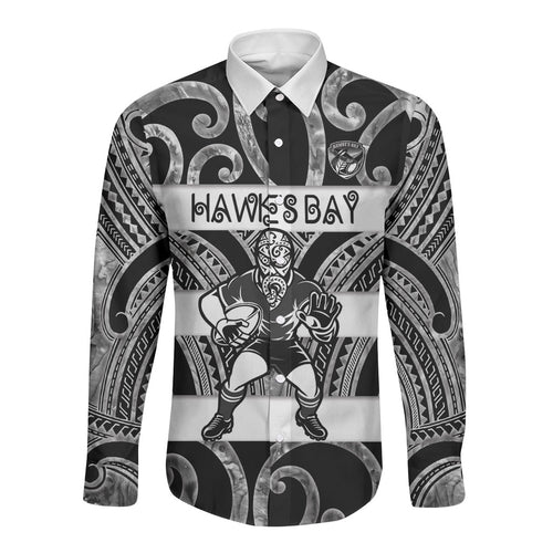 Hawke's Bay Custom Rugby New Zealand Long Sleeve Button Shirt Aotearoa Maori Pukana Tiki Mascot