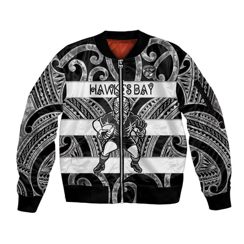 Hawke's Bay Custom Rugby New Zealand Sleeve Zip Bomber Jacket Aotearoa Maori Pukana Tiki Mascot