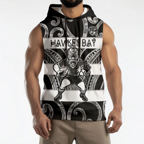 Hawke's Bay Custom Rugby New Zealand Sleeveless Hoodie Aotearoa Maori Pukana Tiki Mascot