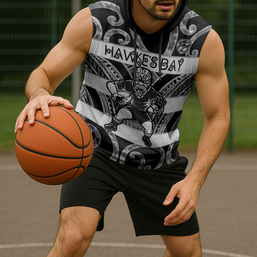 Hawke's Bay Custom Rugby New Zealand Sleeveless Hoodie Aotearoa Maori Pukana Tiki Mascot