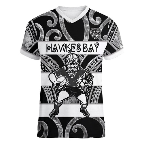 Hawke's Bay Custom Rugby New Zealand Women V-Neck T-Shirt Aotearoa Maori Pukana Tiki Mascot