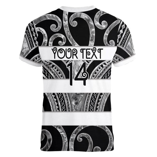 Hawke's Bay Custom Rugby New Zealand Women V-Neck T-Shirt Aotearoa Maori Pukana Tiki Mascot