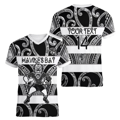 Hawke's Bay Custom Rugby New Zealand Women V-Neck T-Shirt Aotearoa Maori Pukana Tiki Mascot