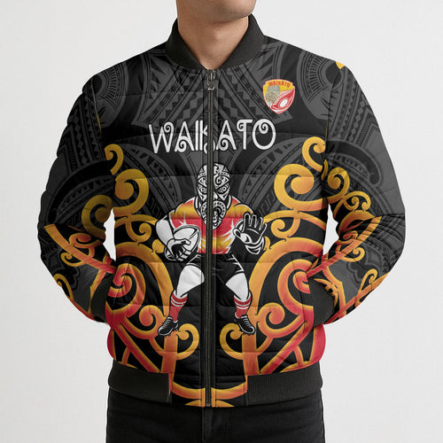 Waikato Custom Rugby New Zealand Bomber Puffer Jacket Aotearoa Maori Pukana Tiki Mascot