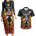 Waikato Custom Rugby New Zealand Couples Matching Long Sleeve Bodycon Dress and Hawaiian Shirt Aotearoa Maori Pukana Tiki Mascot