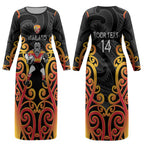 Waikato Custom Rugby New Zealand Couples Matching Long Sleeve Bodycon Dress and Hawaiian Shirt Aotearoa Maori Pukana Tiki Mascot