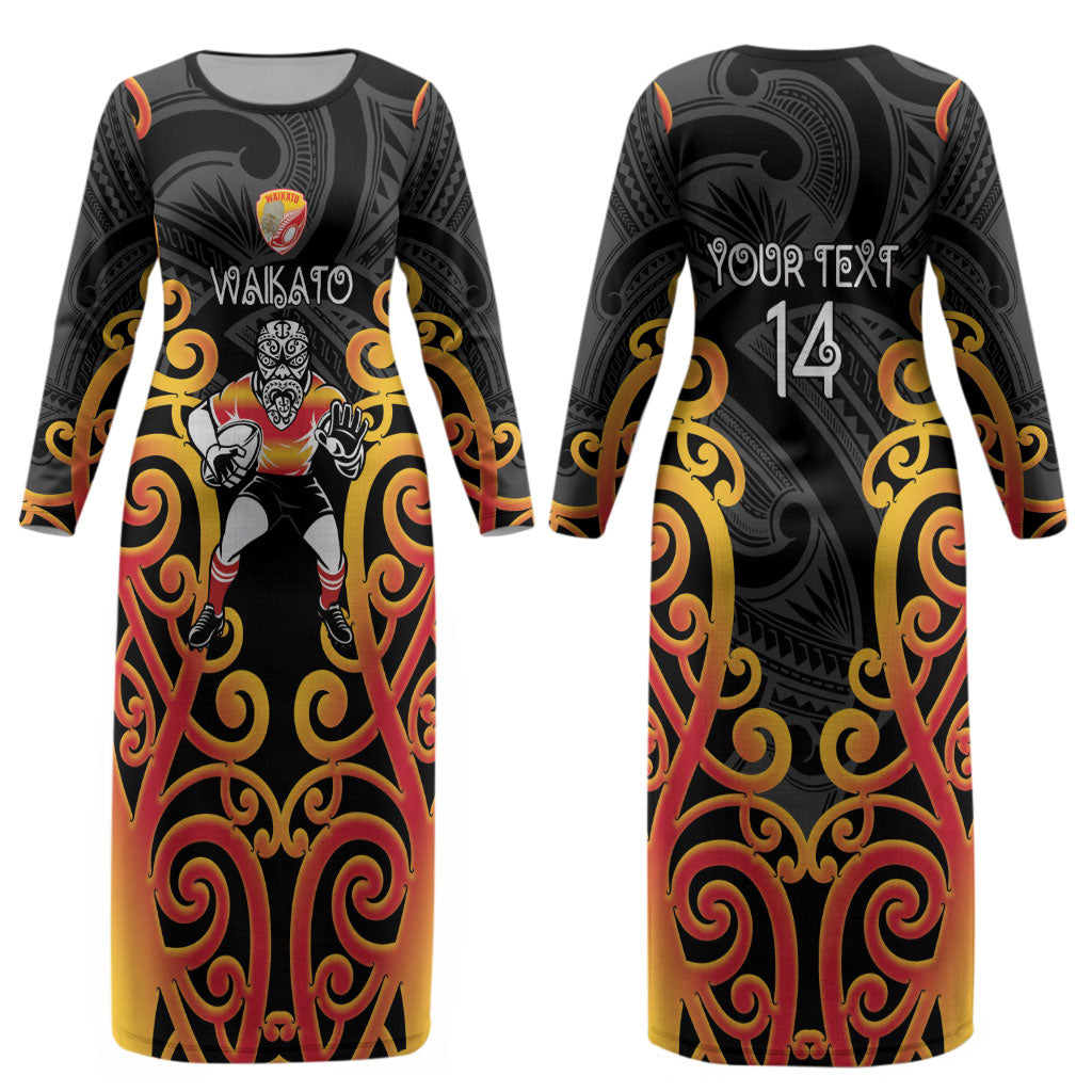 Waikato Custom Rugby New Zealand Couples Matching Long Sleeve Bodycon Dress and Hawaiian Shirt Aotearoa Maori Pukana Tiki Mascot