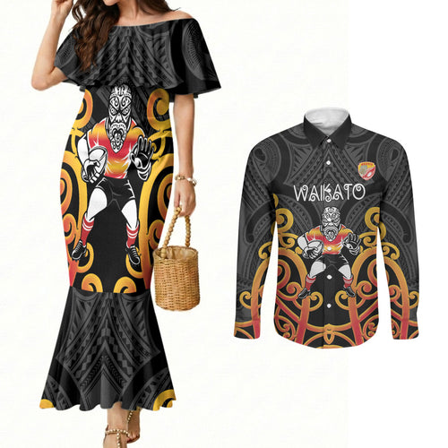 Waikato Custom Rugby New Zealand Couples Matching Mermaid Dress and Long Sleeve Button Shirt Aotearoa Maori Pukana Tiki Mascot