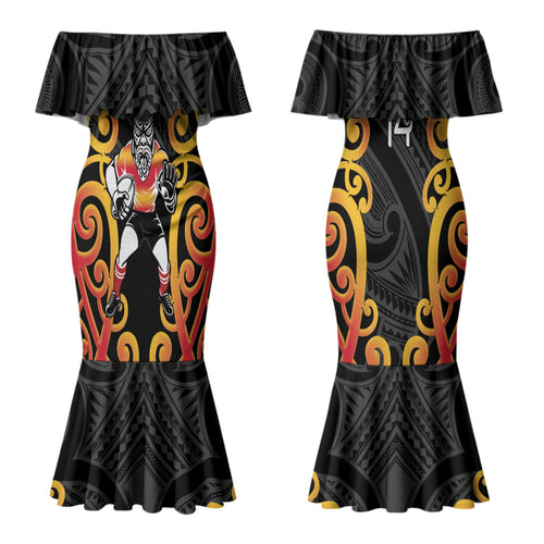 Waikato Custom Rugby New Zealand Couples Matching Mermaid Dress and Long Sleeve Button Shirt Aotearoa Maori Pukana Tiki Mascot