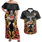 Waikato Custom Rugby New Zealand Couples Matching Off Shoulder Maxi Dress and Hawaiian Shirt Aotearoa Maori Pukana Tiki Mascot