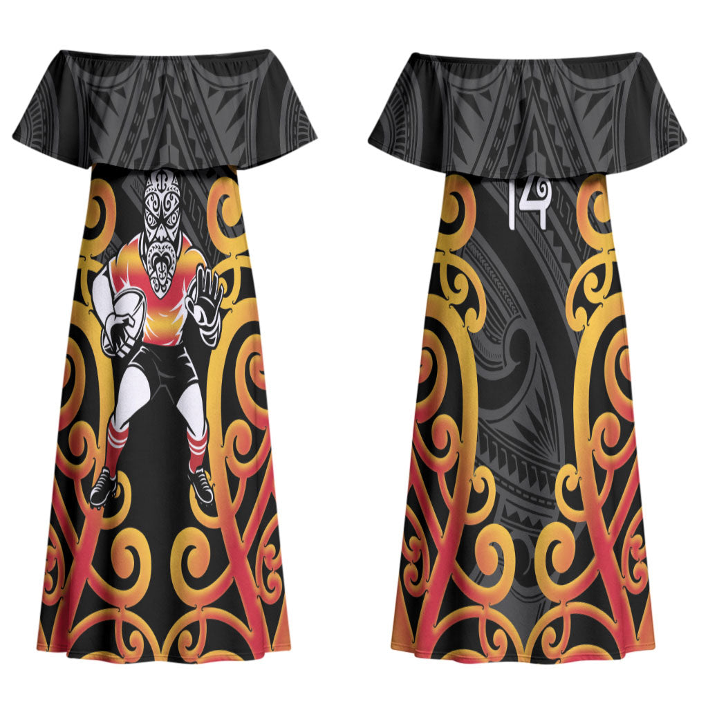 Waikato Custom Rugby New Zealand Couples Matching Off Shoulder Maxi Dress and Hawaiian Shirt Aotearoa Maori Pukana Tiki Mascot