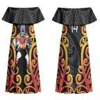Waikato Custom Rugby New Zealand Couples Matching Off Shoulder Maxi Dress and Hawaiian Shirt Aotearoa Maori Pukana Tiki Mascot