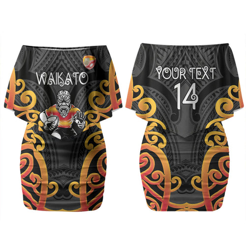 Waikato Custom Rugby New Zealand Couples Matching Off Shoulder Short Dress and Hawaiian Shirt Aotearoa Maori Pukana Tiki Mascot