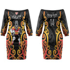 Waikato Custom Rugby New Zealand Couples Matching Off The Shoulder Long Sleeve Dress and Hawaiian Shirt Aotearoa Maori Pukana Tiki Mascot