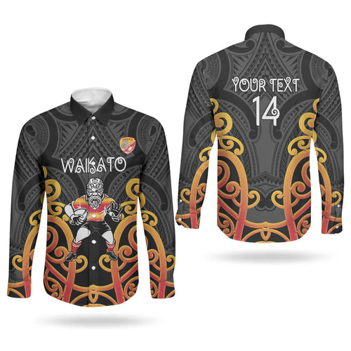 Waikato Custom Rugby New Zealand Couples Matching Puletasi and Long Sleeve Button Shirt Aotearoa Maori Pukana Tiki Mascot