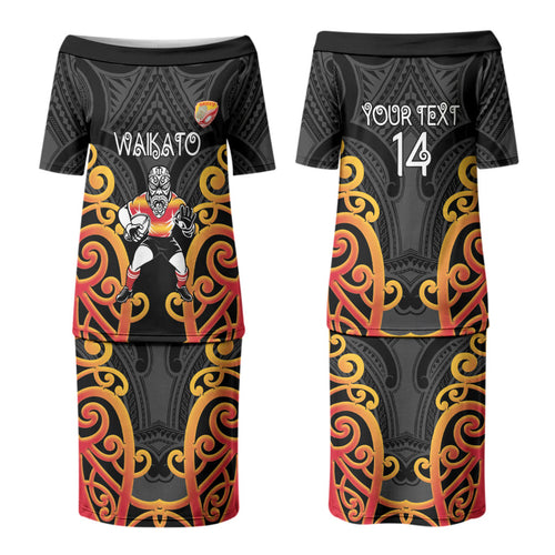 Waikato Custom Rugby New Zealand Couples Matching Puletasi and Long Sleeve Button Shirt Aotearoa Maori Pukana Tiki Mascot