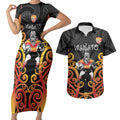 Waikato Custom Rugby New Zealand Couples Matching Short Sleeve Bodycon Dress and Hawaiian Shirt Aotearoa Maori Pukana Tiki Mascot