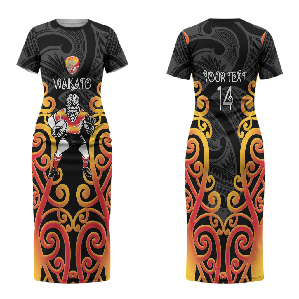 Waikato Custom Rugby New Zealand Couples Matching Short Sleeve Bodycon Dress and Hawaiian Shirt Aotearoa Maori Pukana Tiki Mascot