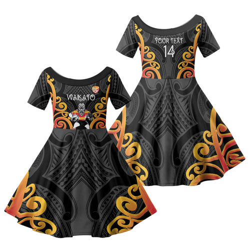 Waikato Custom Rugby New Zealand Family Matching Short Sleeve Bodycon Dress and Hawaiian Shirt Aotearoa Maori Pukana Tiki Mascot
