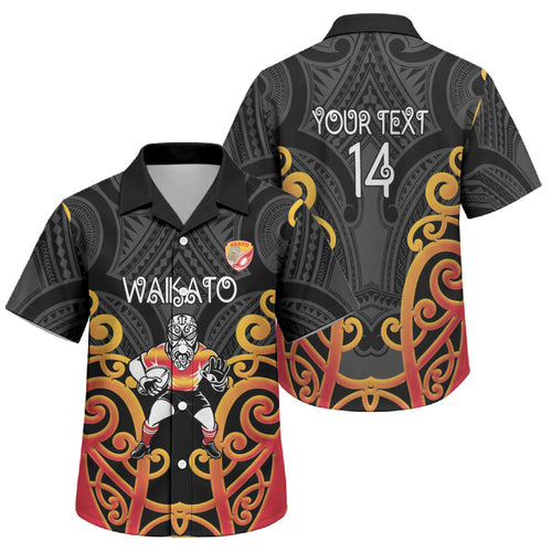 Waikato Custom Rugby New Zealand Family Matching Short Sleeve Bodycon Dress and Hawaiian Shirt Aotearoa Maori Pukana Tiki Mascot