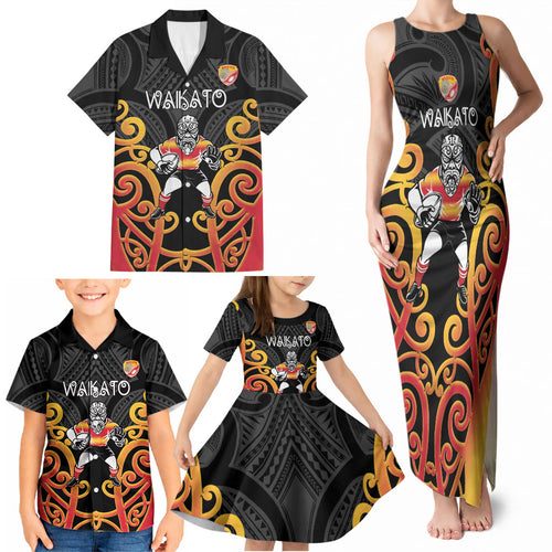Waikato Custom Rugby New Zealand Family Matching Tank Maxi Dress and Hawaiian Shirt Aotearoa Maori Pukana Tiki Mascot