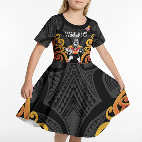 Waikato Custom Rugby New Zealand Kid Short Sleeve Dress Aotearoa Maori Pukana Tiki Mascot