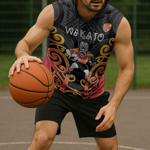 Waikato Custom Rugby New Zealand Sleeveless Hoodie Aotearoa Maori Pukana Tiki Mascot