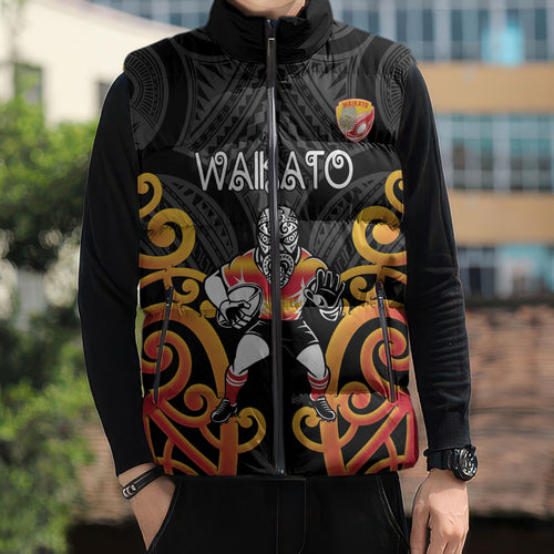 Waikato Custom Rugby New Zealand Sleeveless Puffer Jacket Aotearoa Maori Pukana Tiki Mascot