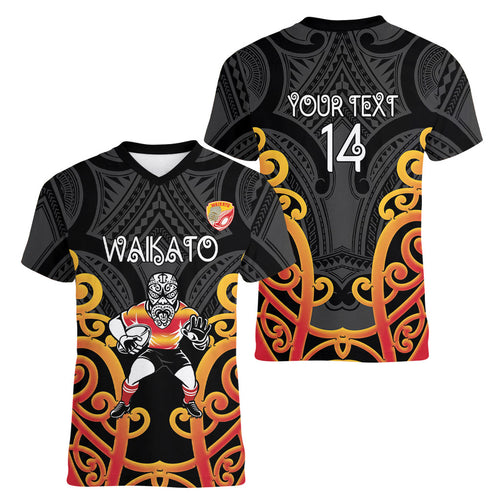 Waikato Custom Rugby New Zealand Women V-Neck T-Shirt Aotearoa Maori Pukana Tiki Mascot